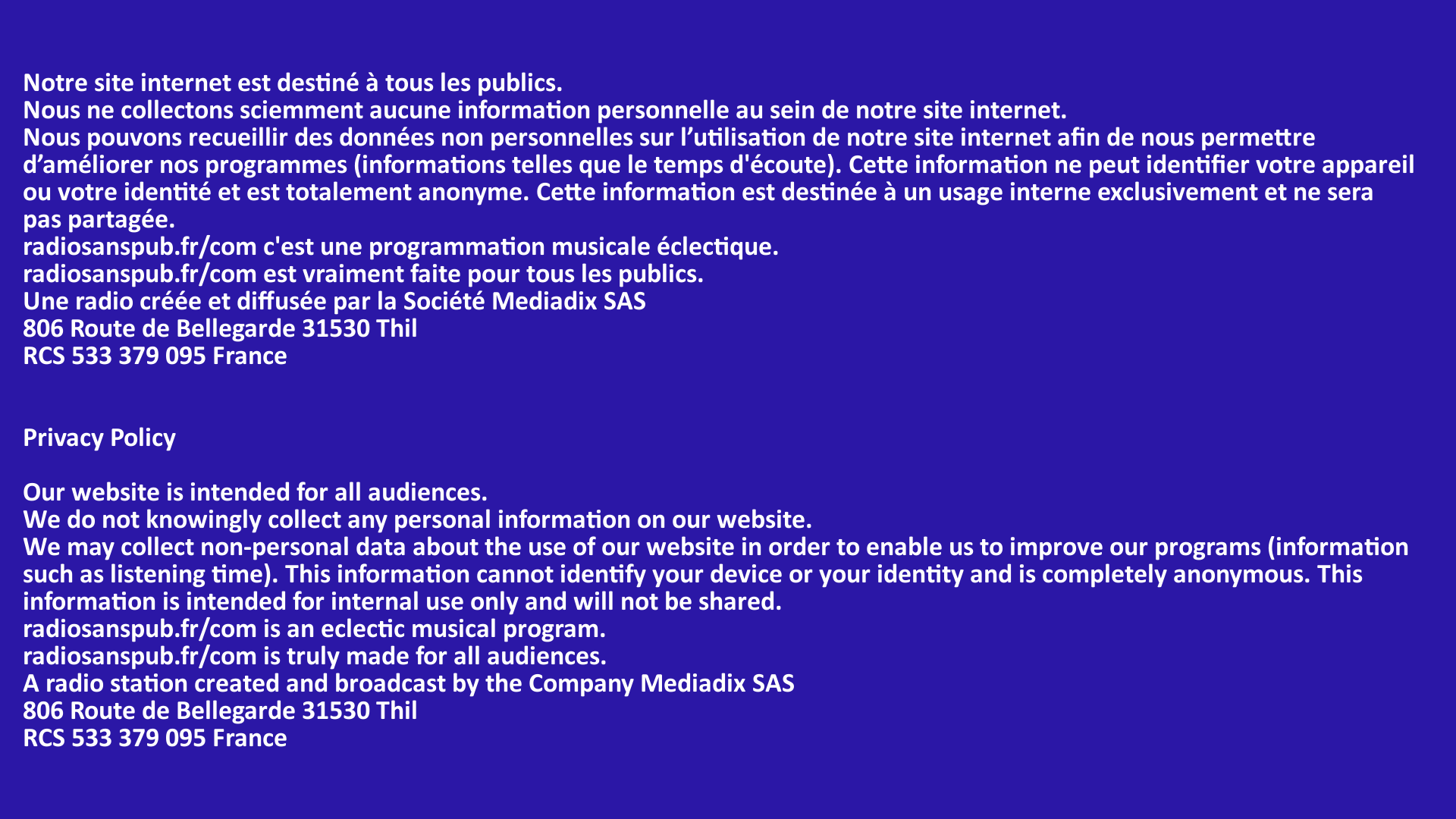 Mentions légales de Radio Sans Pub